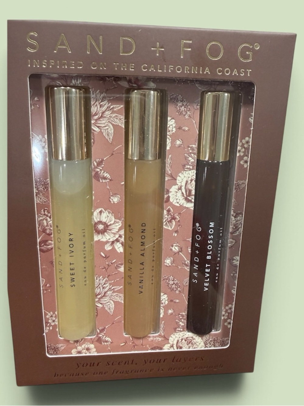 Sand+Fog perfume trio , Sweet Ivory, Vanilla Almond, Velvet Blossom